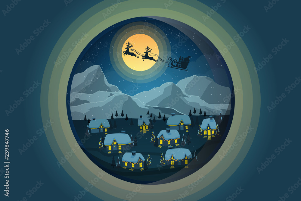 Christmas greeting banner in circle badge. reindeer with sleigh with gift box fly over winter landscape night. vector illustration