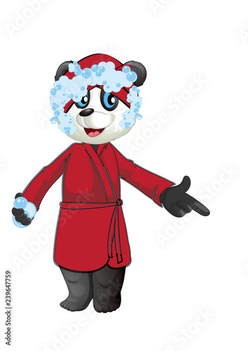 Cartoon character panda wearing red bathrobe