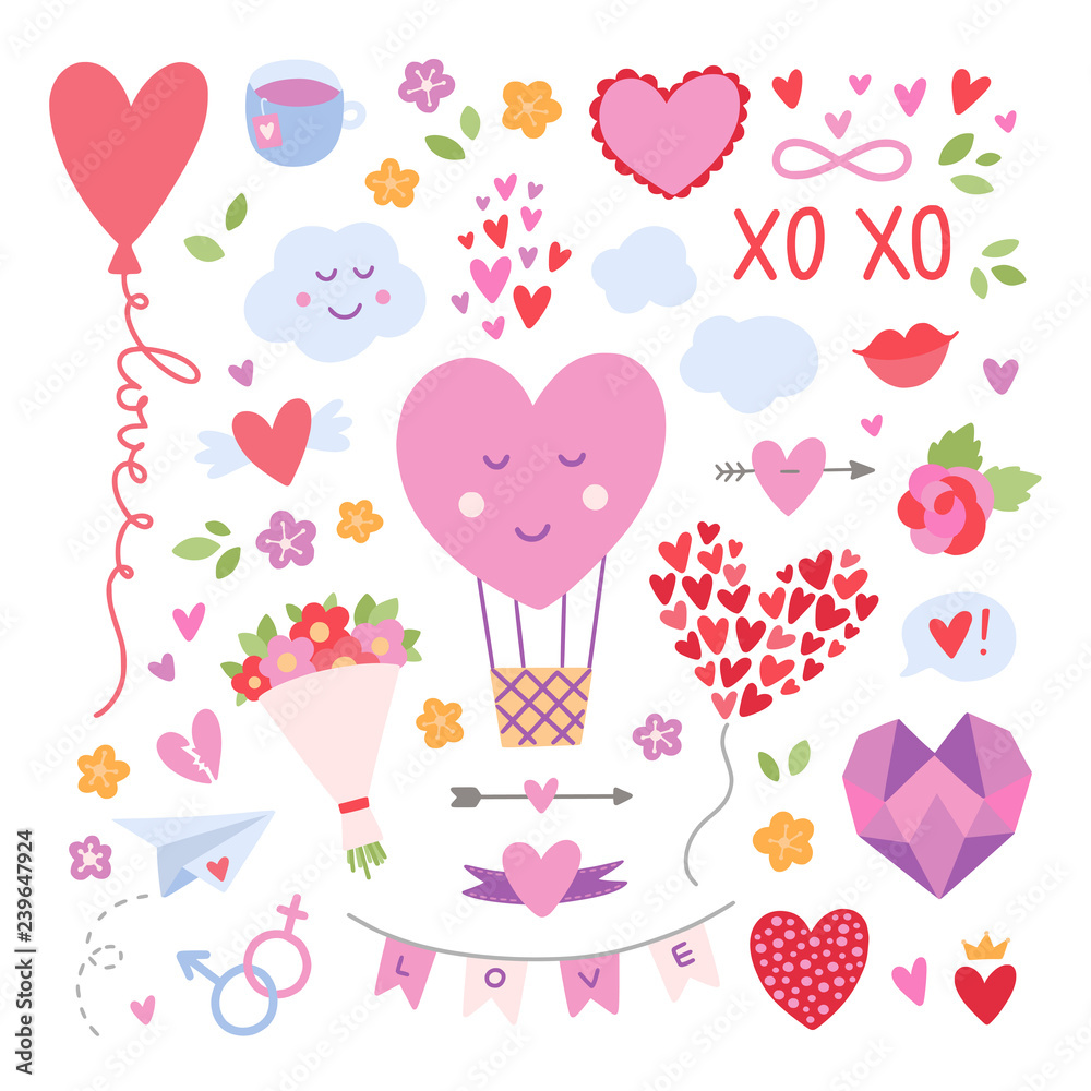 Hearts and love symbols. Romantic vector illustrations for wedding decorations and Saint Valentine's Day cards concept