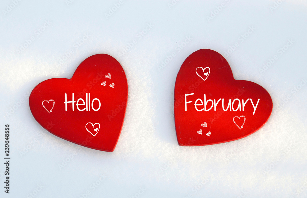 Hello February.Two red wooden hearts on natural white snow  background.Winter holidays or Valentines Day concept.Selective focus. Stock  Photo | Adobe Stock