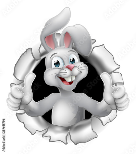 Easter bunny rabbit cartoon character breaking through the background and giving a thumbs up