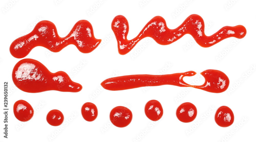 red ketchup splashes isolated on white background, tomato pure texture, top view red ketchup splashes isolated on white background, tomato pure texture, top view