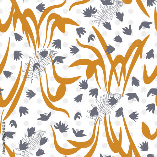 Vector floral seamless pattern with hand drawn scilla or snowdrop flowers and fern leaves. Modern decorative background in pastel colors.