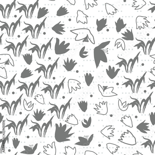 Vector floral seamless pattern with hand drawn scilla or snowdrop flowers and leaves. Modern decorative background in pastel colors.