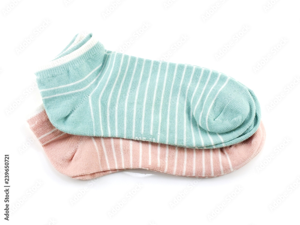 striped green and pink socks isolated on white background striped green and pink socks isolated on white background