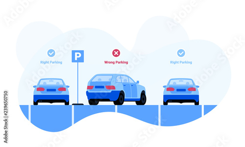 Right and wrong car parking examples vector illustration for web and printing.  Cuv or minivan parked incorrect across two parking slots between sedan automobiles parked correctly in their places.
