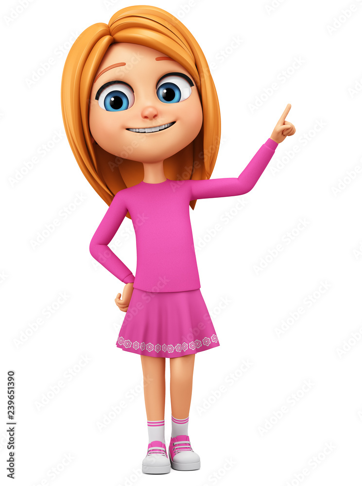 Character cartoon girl in pink dress pointing her finger on an empty space on a white background. 3d rendering. Illustration for advertising. Character cartoon girl in pink dress pointing her finger on an empty space on a white background. 3d rendering. Illustration for advertising.