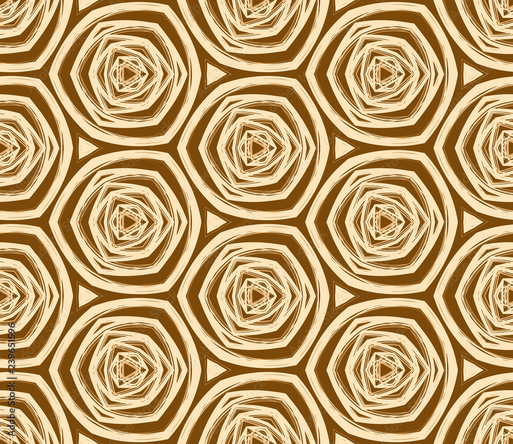 Seamless hexagonal pattern from yellow geometrical abstract ornaments on a dark brown background. Vector illustration can be used for textiles, wallpaper and wrapping paper Seamless hexagonal pattern from yellow geometrical abstract ornaments on a dark brown background. Vector illustration can be used for textiles, wallpaper and wrapping paper