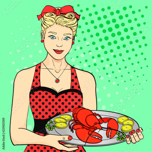 The hostess, the cook, the waiter in red serves food. A woman is presenting a lobster on a tray. Pop art style background photo
