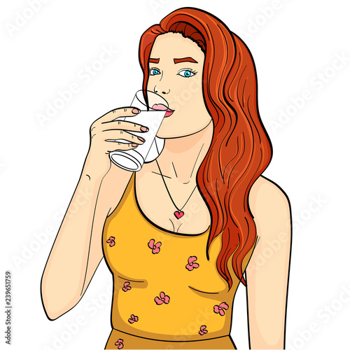 Healthy woman is drinking milk from a glass. Imitation comic style raster. isolated object on white background photo