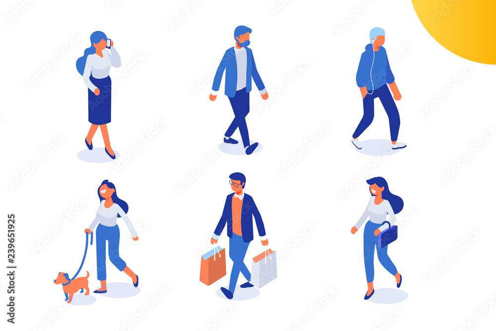 Different isomeric walking people vector set isolated on white. Male and female characters. Flat isometric vector.