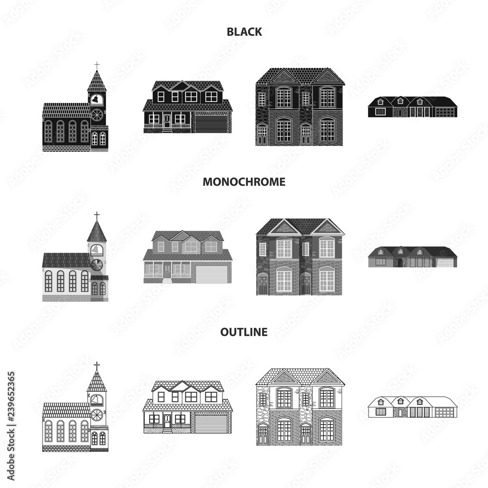 Vector illustration of building and front sign. Set of building and roof stock vector illustration.