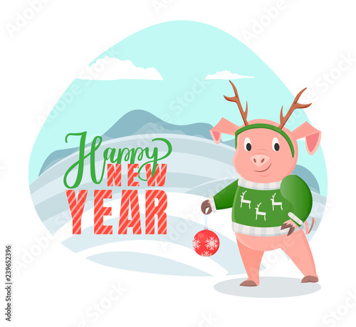 Happy New Year Postcard Pig Winter Snowy Landscape