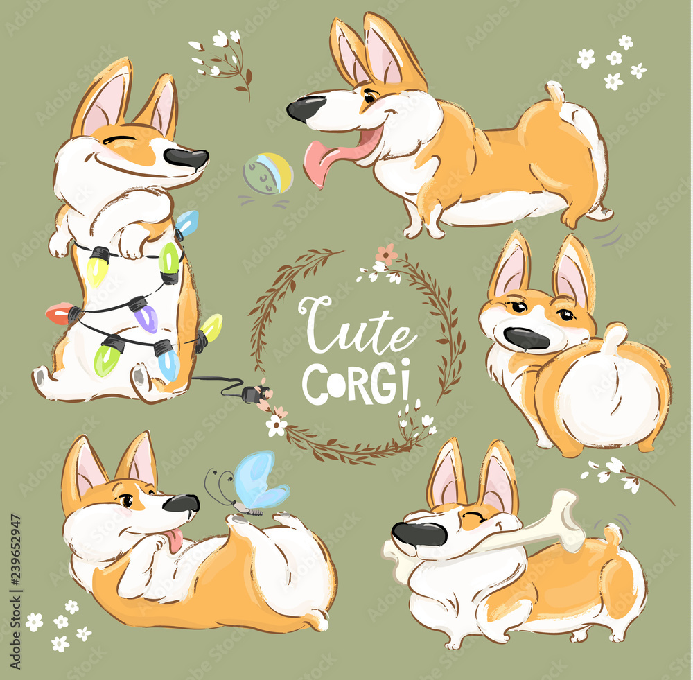 Cute Corgi Dog Character Cartoon Vector Set. Funny Short Fox Pet Group Smile, Play with Ball and Bone. Cheerful Happy Orange Puppy Flat Cartoon Collection for Print Poster