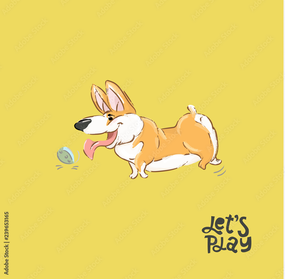 Obraz premium Happy Corgi Dog Play Ball Vector Illustration. Silly Puppy Character Animal Run Typography Print Poster. Fluffy Orange Pet. Can be used for t-shirt print, kids wear fashion, baby shower invitation