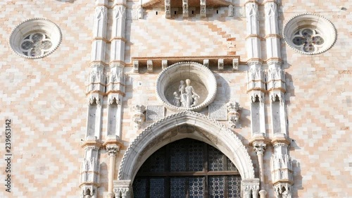 VENICE, ITALY, Nov 1st 2018: Doge's Palace (doges palace) bottom to top detailed panorama. San Marco square or piazza. Nobody. Italian renaissance architecture. Close up view.