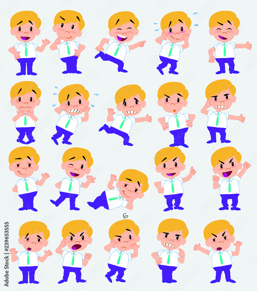 Cartoon character businessman in casual style. Set with different postures, attitudes and poses, doing different activities in isolated vector illustrations.