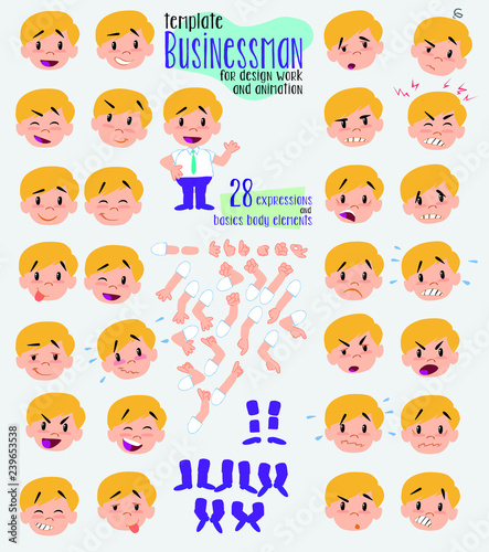 Businessman in casual style. Twenty eight expressions and basics body elements  template for design work and animation. Vector illustration to Isolated and funny cartoon character.