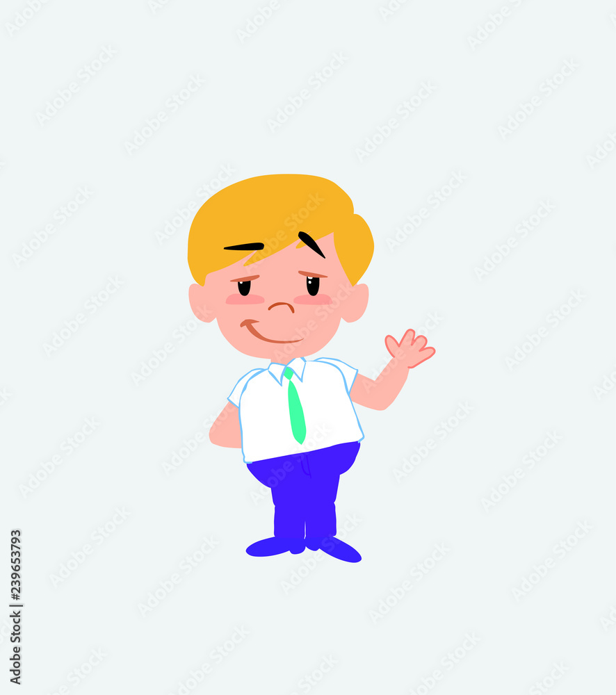 Businessman in casual style waving with a dreamy expression.