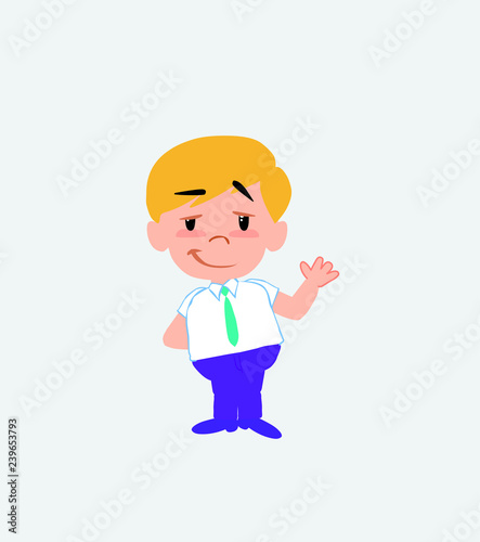 Businessman in casual style waving with a dreamy expression.