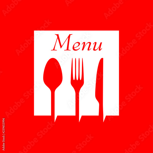 Logotipo con texto Menu con cubiertos en espacio negativo en cuadrado en fondo rojo