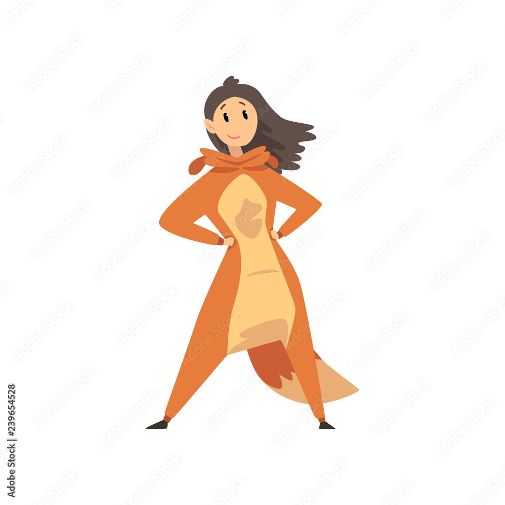 Girl wearing squirrel animal costume, person in jumpsuit or kigurumi vector Illustration on a white background