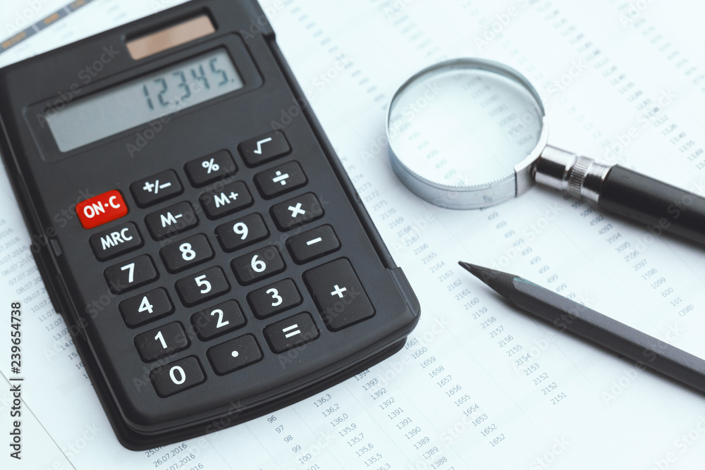 Business still life with calculator on table in office. Business still life with calculator on table in office.