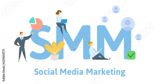 SMM, social media marketing technology. Concept with keywords, letters, and icons. Colored flat vector illustration. Isolated on white background.