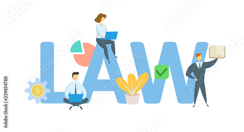 LAW. Concept with keywords, letters, and icons. Colored flat vector illustration. Isolated on white background.