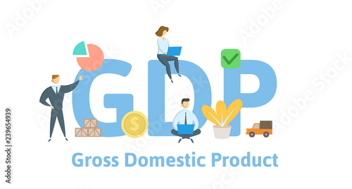 GDP, Gross Domestic Product. Concept with keywords, letters and icons. Colored flat vector illustration on white background.