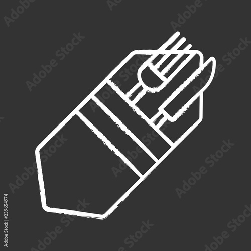 Fork and knife in napkin chalk icon
