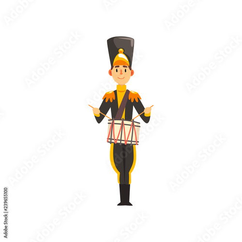 Soldier in black uniform playing drummer, member of army military band with musical instrument vector Illustration on a white background