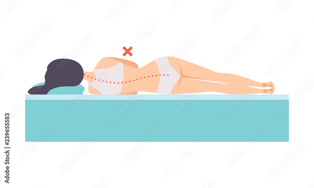 Obraz premium Woman lying on her side, seen from behind, incorrect sleeping posture for neck and spine, unhealthy sleeping position vector Illustration