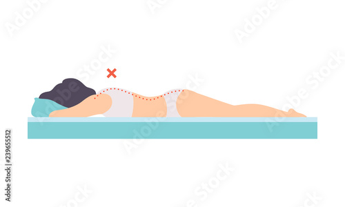 Woman lying on her stomach, side view, incorrect sleeping posture for neck and spine, unhealthy sleeping position vector Illustration