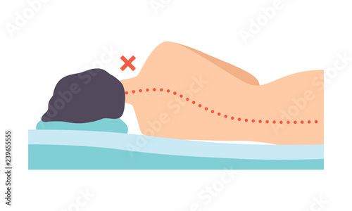Man lying on his side, seen from behind, incorrect sleeping posture for neck and spine, unhealthy sleeping position vector Illustration