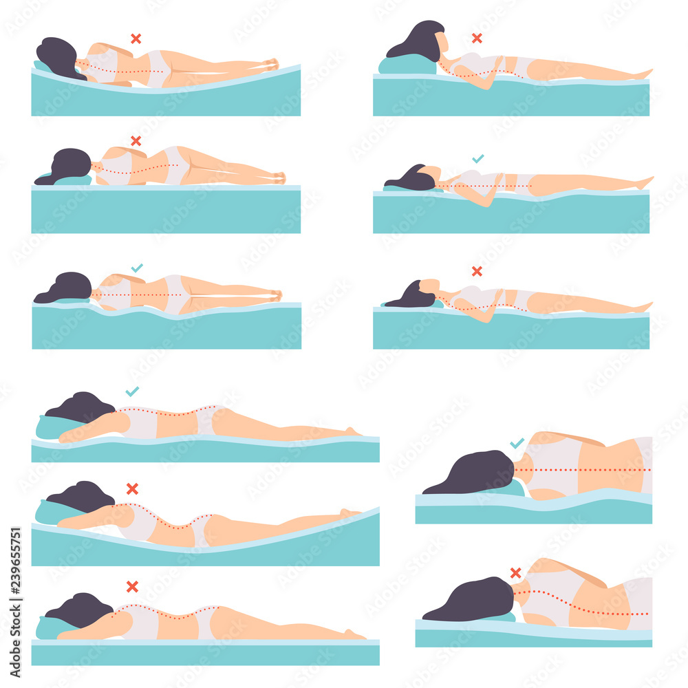Woman lying in various poses set, side view, correct and incorrect