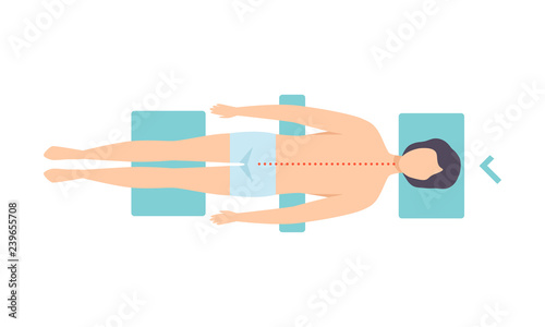 Man lying on his back, view from above, correct sleeping posture for neck and spine, healthy sleeping position, orthopedic pillows and roller vector Illustration