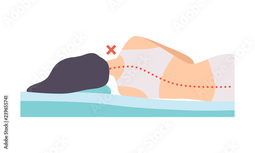 Woman lying on her side, seen from behind, incorrect sleeping posture for neck and spine, unhealthy sleeping position vector Illustration