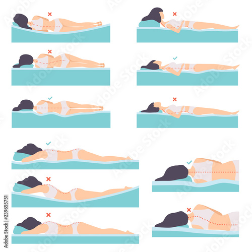 Woman lying in various poses set, side view, correct and incorrect sleeping posture for neck and spine, healthy sleeping position, orthopedic mattresses and pillows vector Illustration