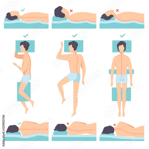 Man lying in various poses set, side view, correct and incorrect sleeping posture for neck and spine, healthy sleeping position vector Illustration