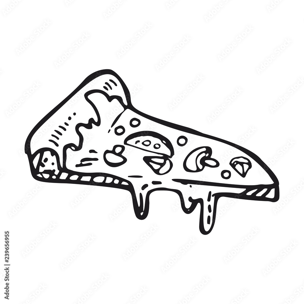 Pizza slice icon. Vector illustration in sketch style. Great for menu, poster or label.