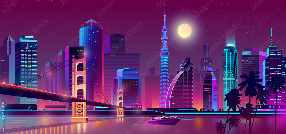 Vector concept background with night city illuminated with neon glowing ...
