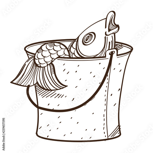 Vector monochrome fish in bucket. Illustration isolated on white background