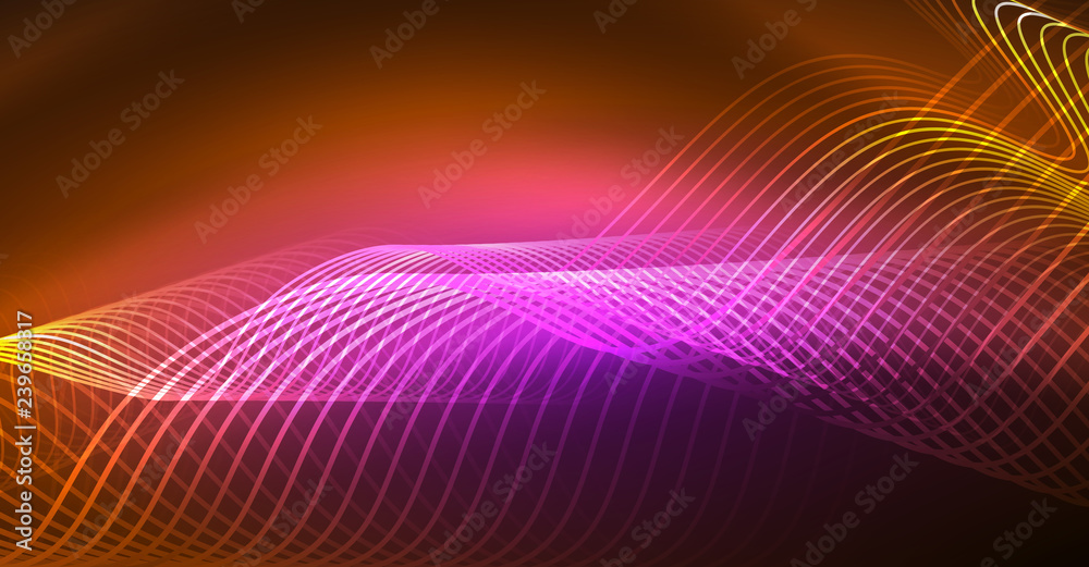 Abstract shiny glowinng color wave design element on dark background - science or technology concept