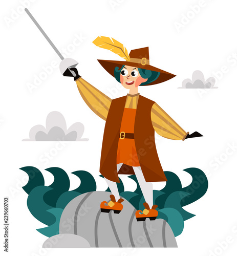 Happy Columbus Day poster spanish sailor with sword