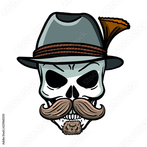 hand drawn skull with traditional hat. Vector, bavaria, beard, mexico, wings, isolated, horror.