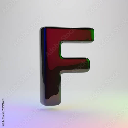 3d letter F uppercase. Black font with red, green and blue lights reflection