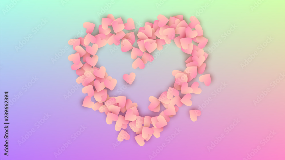 Wedding Background. Many Random Falling Beautifull Hearts on Hologram Backdrop. Heart Confetti Pattern. Poster Template. Vector Wedding Background.