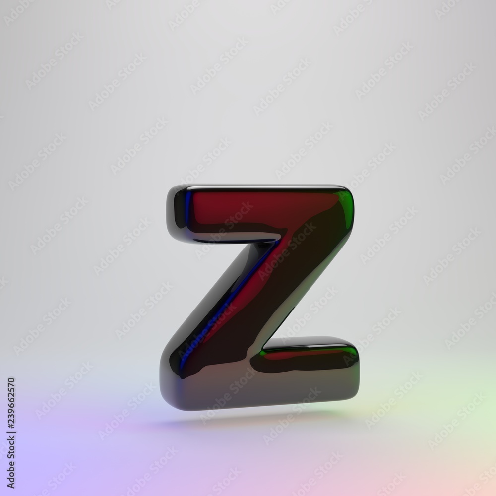 3d letter Z lowercase. Black font with red, green and blue lights reflection 3d letter Z lowercase. Black font with red, green and blue lights reflection
