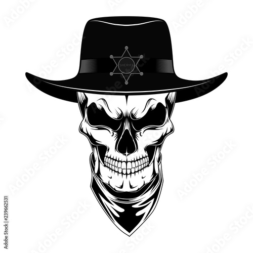 Skull sheriff in hat. Black and white vector image on white background.